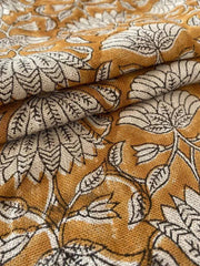 Tulip Flower , Block Print Thick Linen Fabric | Mustard Floral Print Upholstery Fabric, pillow cover fabric, Curtain Linen By The Yard - Rohiyaan